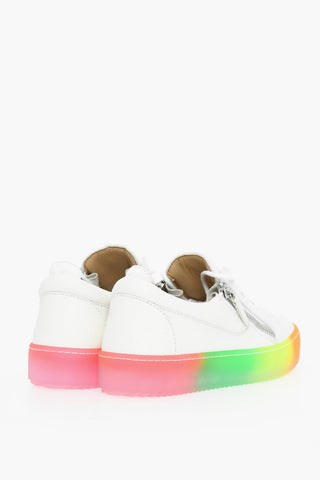 Leather Low Top Sneakers with Side Zip and Multicolor Sole