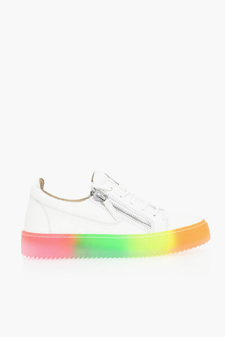 Leather Low Top Sneakers with Side Zip and Multicolor Sole