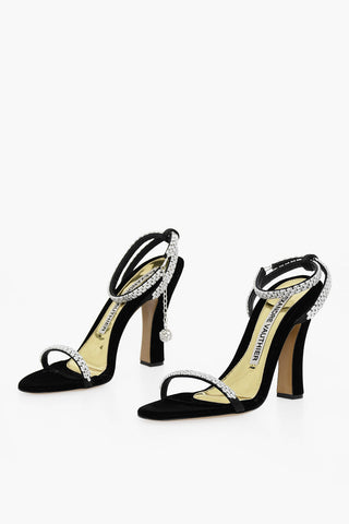 Velvet Ankle-Strap Sandals with Crystals Embellishment Heel 12cm