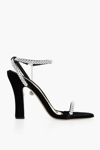 Velvet Ankle-Strap Sandals with Crystals Embellishment Heel 12cm