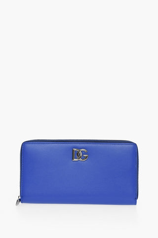 Leather Wallet with Silver-Tone Logo and Zip Closure