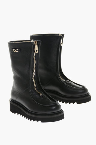 Textured Leather Booties with Front Zip