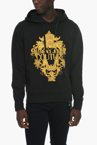 JEANS COUTURE Felpa Hoodie in Cotone Garzato con Stampa Barocco Decorata da Strass