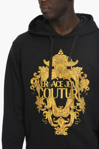 JEANS COUTURE Felpa Hoodie in Cotone Garzato con Stampa Barocco Decorata da Strass