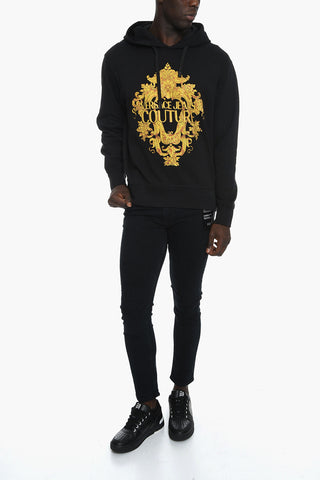 JEANS COUTURE Felpa Hoodie in Cotone Garzato con Stampa Barocco Decorata da Strass