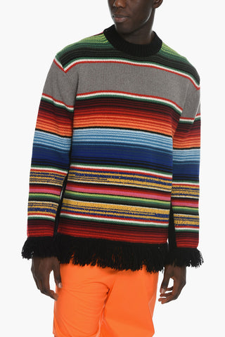Crew Neck Pure Striped Wool Pullover with Fringes