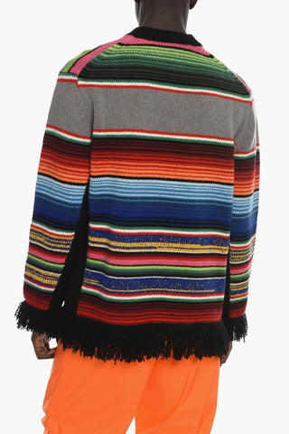 Crew Neck Pure Striped Wool Pullover with Fringes
