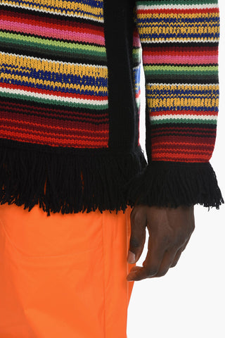 Crew Neck Pure Striped Wool Pullover with Fringes