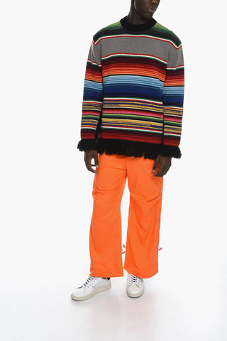 Crew Neck Pure Striped Wool Pullover with Fringes