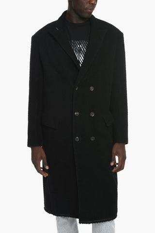 Wool-blend Double-breasted Coat with Peak Lapel