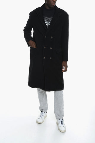 Wool-blend Double-breasted Coat with Peak Lapel