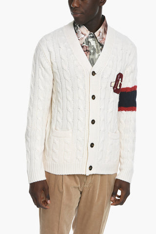 Cardigan in Lana con Patch in Spugna e Tasche