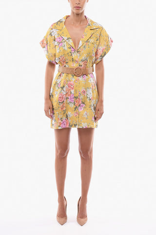 Short Sleeve Floral Patterned Linen PATTIE Shirtdress with Belt