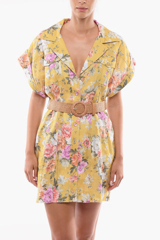 Short Sleeve Floral Patterned Linen PATTIE Shirtdress with Belt