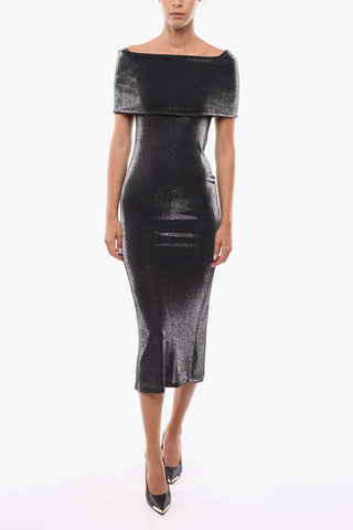 Off-Shoulder Lurex Fitted Dress with Back Slit