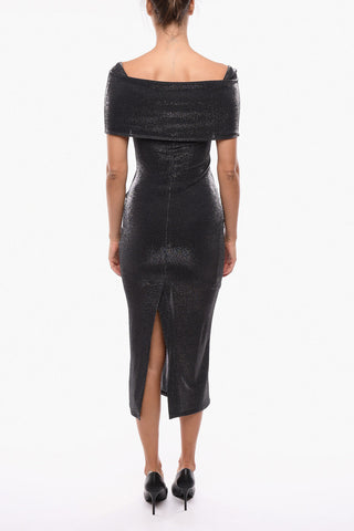 Off-Shoulder Lurex Fitted Dress with Back Slit
