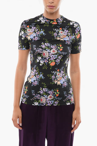Crew Neck Viscose Top with Floral Pattern