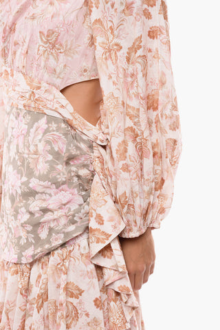 Vestito LYRE WRAP BILLOW in Lino a Fantasia Floreale con Orlo a Balze