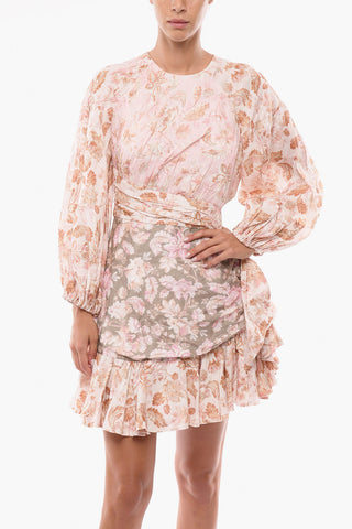 Vestito LYRE WRAP BILLOW in Lino a Fantasia Floreale con Orlo a Balze