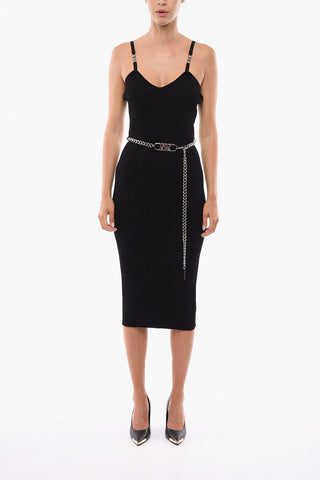 Ribbed Bodycon Midi Dress with Chain Belt