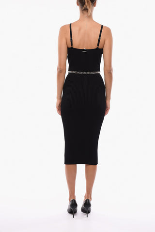 Ribbed Bodycon Midi Dress with Chain Belt