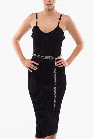 Ribbed Bodycon Midi Dress with Chain Belt