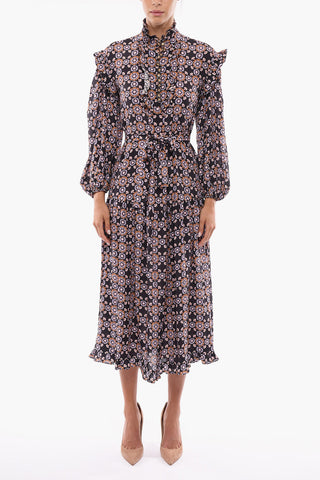 Floral Patterned Dress with Decorative Buttons and Belt