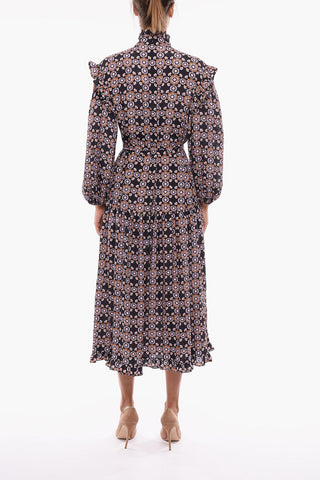 Floral Patterned Dress with Decorative Buttons and Belt