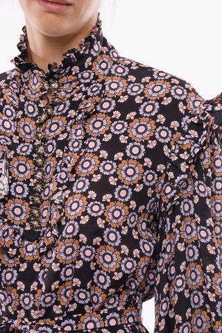 Floral Patterned Dress with Decorative Buttons and Belt