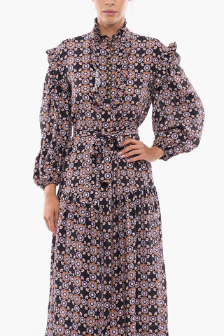 Floral Patterned Dress with Decorative Buttons and Belt