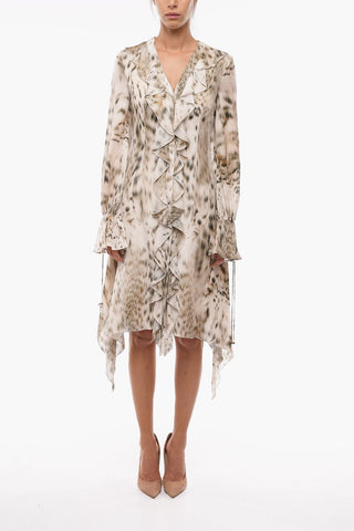 Animal Patterned Silk Chiffon Dress with Frills