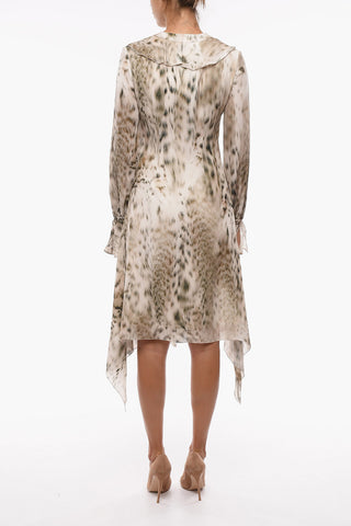 Animal Patterned Silk Chiffon Dress with Frills