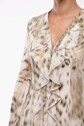 Animal Patterned Silk Chiffon Dress with Frills