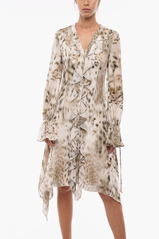Animal Patterned Silk Chiffon Dress with Frills