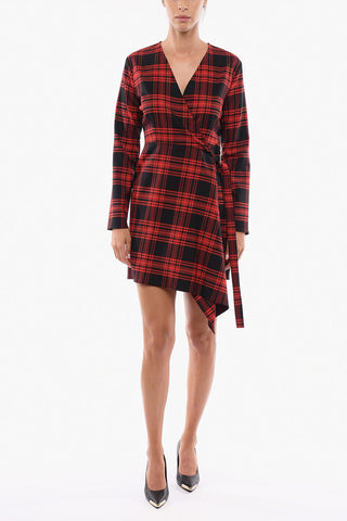 Wool LACK Wrap-around Flared Dress in Tartan Motif