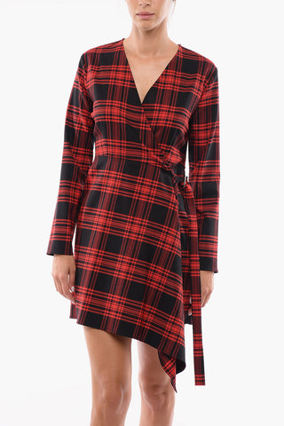 Wool LACK Wrap-around Flared Dress in Tartan Motif