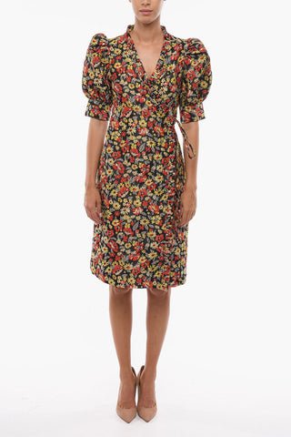 Vestito a Portafoglio in Jacquard Floreale con Maniche a Sbuffo