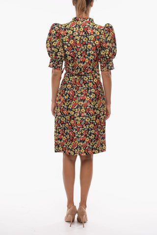 Vestito a Portafoglio in Jacquard Floreale con Maniche a Sbuffo