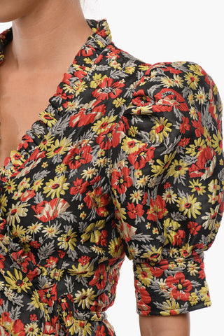 Vestito a Portafoglio in Jacquard Floreale con Maniche a Sbuffo