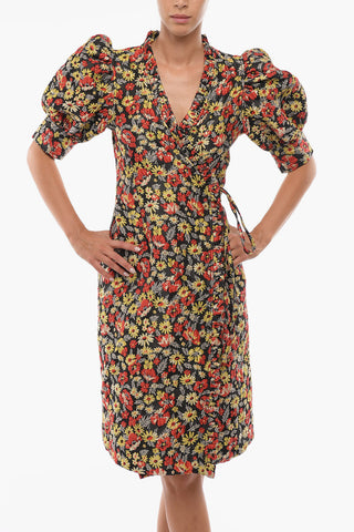 Vestito a Portafoglio in Jacquard Floreale con Maniche a Sbuffo