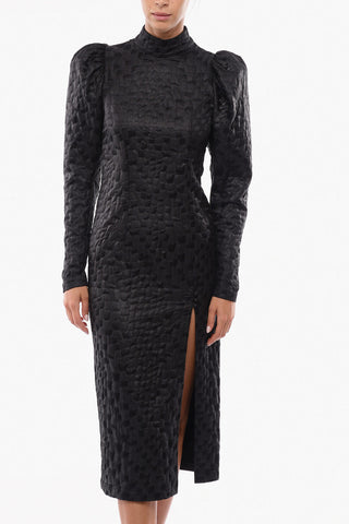BIRGER CHRISTENSEN Solid Color THERESA Dress with Balloon Sleeve and Front Slit