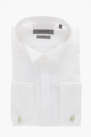 Cotton Slim Fit Shirt with Cufflinks and Wing-tip Collar