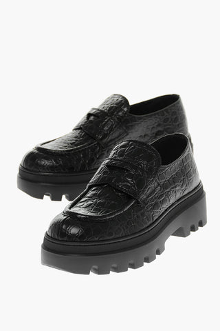 Crocodile Embossed Leather Penny Loafers