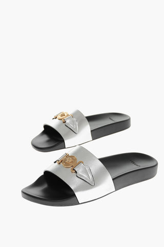 Metallic Leather Slides with Medusa Application