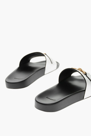 Metallic Leather Slides with Medusa Application