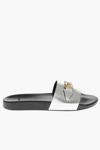 Metallic Leather Slides with Medusa Application