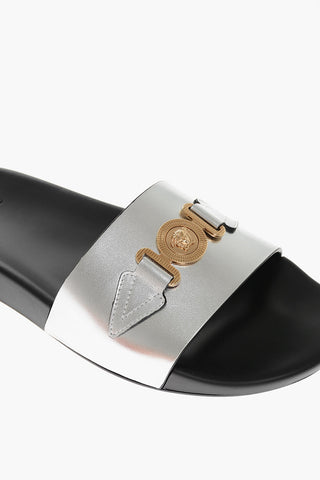 Metallic Leather Slides with Medusa Application