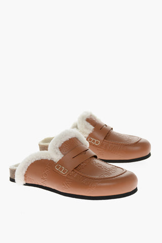 Logoed Leather Slides with Shearling Insole
