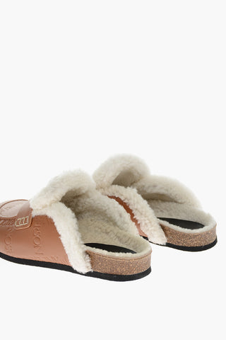 Logoed Leather Slides with Shearling Insole