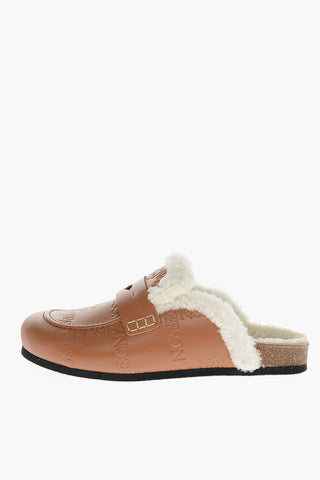 Logoed Leather Slides with Shearling Insole